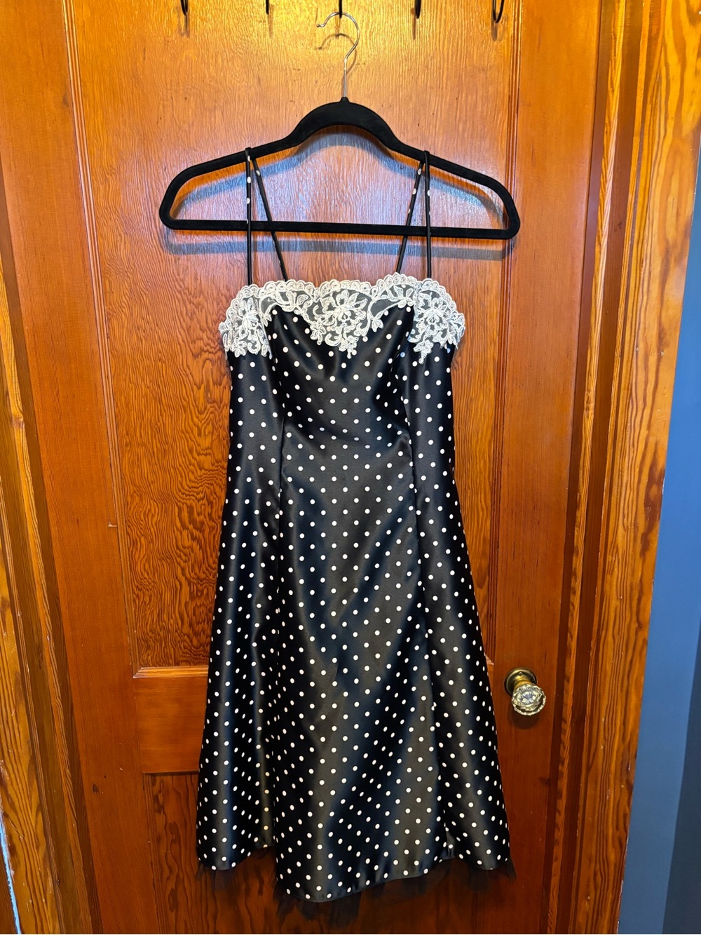 Scott McClintock Black Polka Dot Midi Dress with White Lace Trim